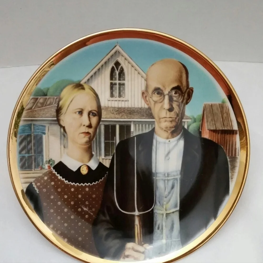 Decorative Plate with American Gothic Design/ With Stand